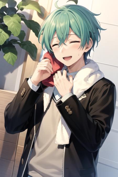 <lora:Tatsumi-04:0.7>, tatsumi kazehaya, solo, smile, short hair, open mouth, shirt, long sleeves, 1boy, hair between eyes, jacket, closed eyes, upper body, male focus, sweat, green hair, ^_^, plant, towel, towel around neck