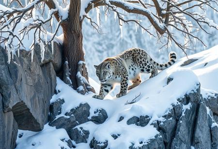 A realistic, majestic snow leopard climbing a rocky, snowy mountain, walking by a tree, branches have beautiful and intricate rime ice,A woman