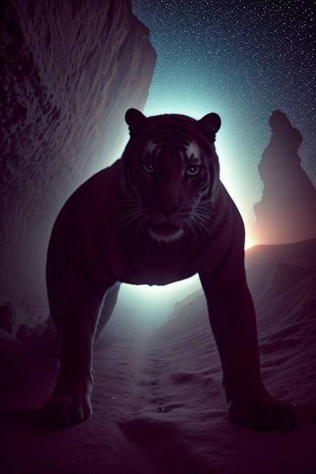 masterpiece,   <lora:NV_Celestial_Skin_IL:1> nv-celestialskin, colored skin,   void cosmic body, stars, black skin, chromatic aberration,
giant tiger, in a canyon, from below, dutch angle,monster, glowing eyes, animal focus, dissolving ,