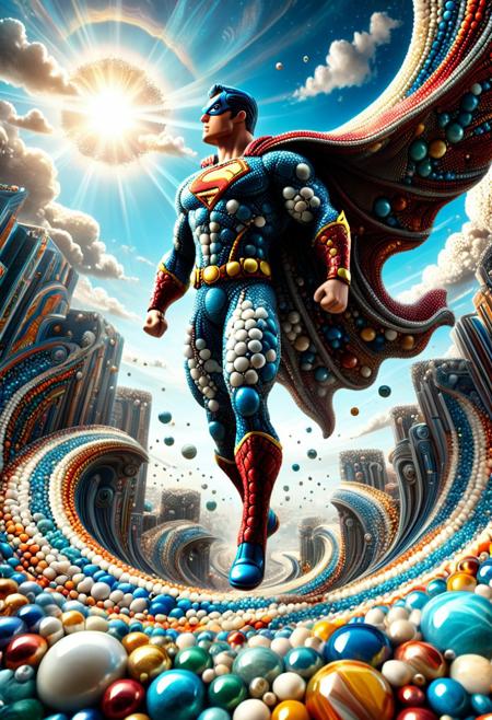 made of marbles, , A comic book superhero soaring over a surreal, curving landscape, speech bubbles forming the clouds,  extremely detailed, worn and textured palette, surreal portal, close-up with high contrast 4k, selective attention, architectural splendor,((photorealistic)) rim lights, ethereal beauty,Vibrant and provocative scene, movie shoot
