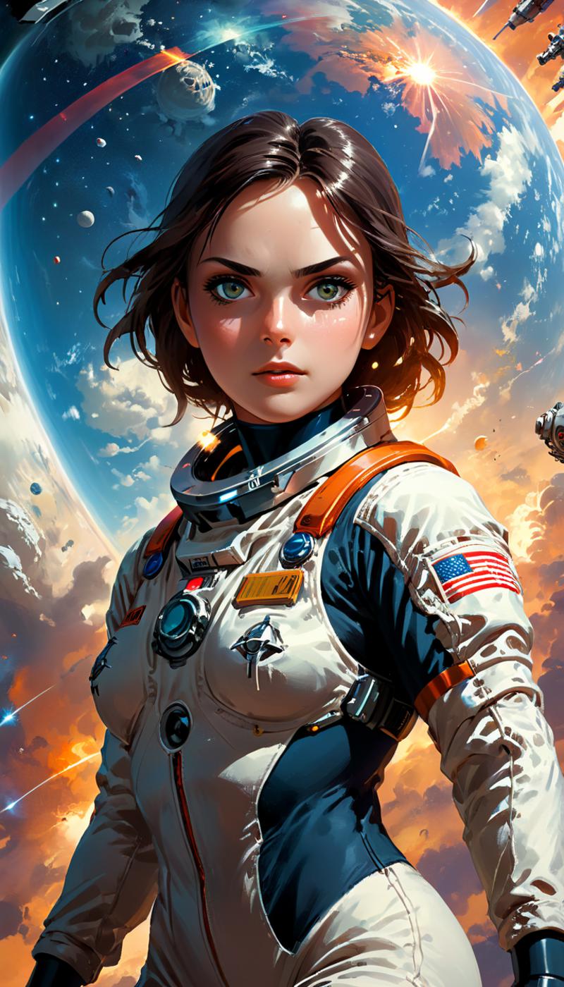 A female astronaut posing in a white and orange jumpsuit with an American flag on her sleeve.