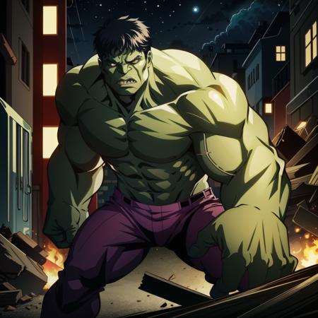 hulk, defending the innocent, shielded by debris, resolute stance, upper body, streets, night, glowing eyes, intricate details, masterpiece, absurdres, best quality <lora:hulk-000020:0.7>