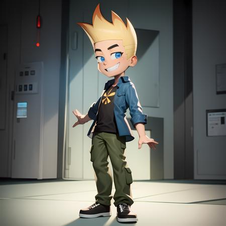 ((masterpiece, best quality)),(complex lighting), solo, full body, 1boy, johnny test, <lora:JohnnyTest1-10:0.8>,blue eyes, open shirt, standing, grin,