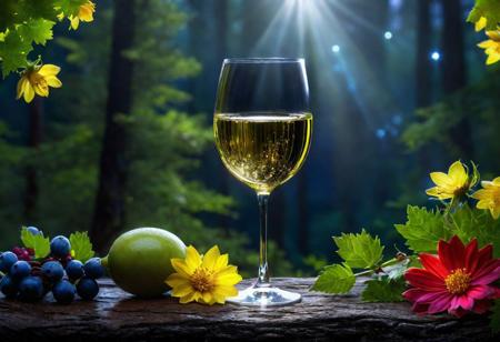 Fantasy glass of white wine illuminated by a bright star, glittering flowers in the background, forest, light, sparkle, fine art, extreme detail, photorealistic, matte painting" ultra high detail, detailed, black bg, night bg, rainbow color, ceramics, this digital painting , high detail, complex, complex pose, clarity, high quality, center alignment, Miki Asai Macro photography, detail, hyper detail, art station trends, sharp focus, studio photography, complex detail, high detail, by greg rutkowski<lora: xl_more_art-full_v1:0.4>