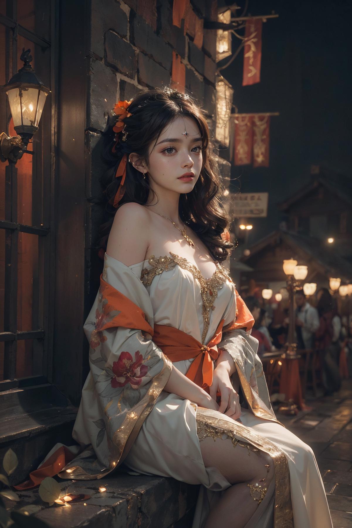 An Asian woman wearing an elegant white and gold dress is leaning against a wall in a town setting. The dress has a flowery design, and the woman's hair is in a ponytail. She is posing for the camera, creating a captivating scene.