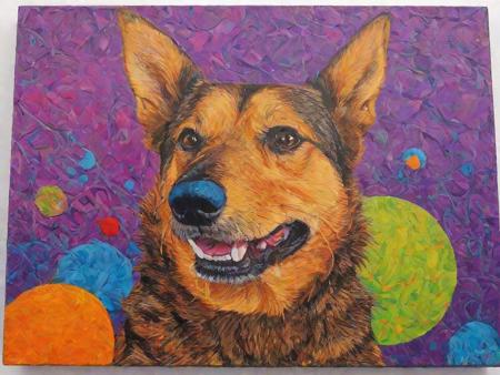 surrealist art Pop Art style highres,absurdres,masterpiece,karmimarkinsky dog,(1960s),accessories,<lora:sd_xl_offset_example-lora_1:1>,realistic paws,detailled fur,(background is detailed abstract painting 1.3),(happy:1).,(smiling,:1.1),<lora:karmikarminskyxl:1>,beautiful,gorgeous,lovely,official art,by andy warhol,detailed,. bright colors, bold outlines, popular culture themes, ironic or kitsch . dreamlike, mysterious, provocative, symbolic, intricate, detailed