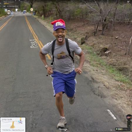 <lora:GoogleStreetView:1> A GoogleStreetView capture of a road with will smith wearing a funny hat running