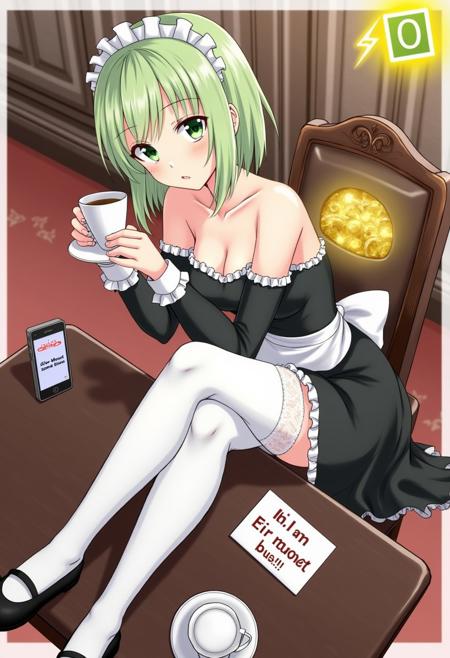artstyle of Kentaro Miura, anime, light green hair, green eyes, bob cut, maid, strapless dress, cleavage, medium breasts, detached collar, wrist cuffs, sitting down, crossed legs, lace thighhighs, skindentation, Mary Janes, half-closed eyes, mansion interior, drinking tea, sitting next to a table, phone on the table that says "Give Monet some buzz!!" on the screen, hidden gold treasure behind chair, name tag on clothes that says "Hi, I'm Monet Einsley", on the top right of the canvas is a yellow lightning bolt next to the number 0 indicating 0 buzz for Monet Einsley
