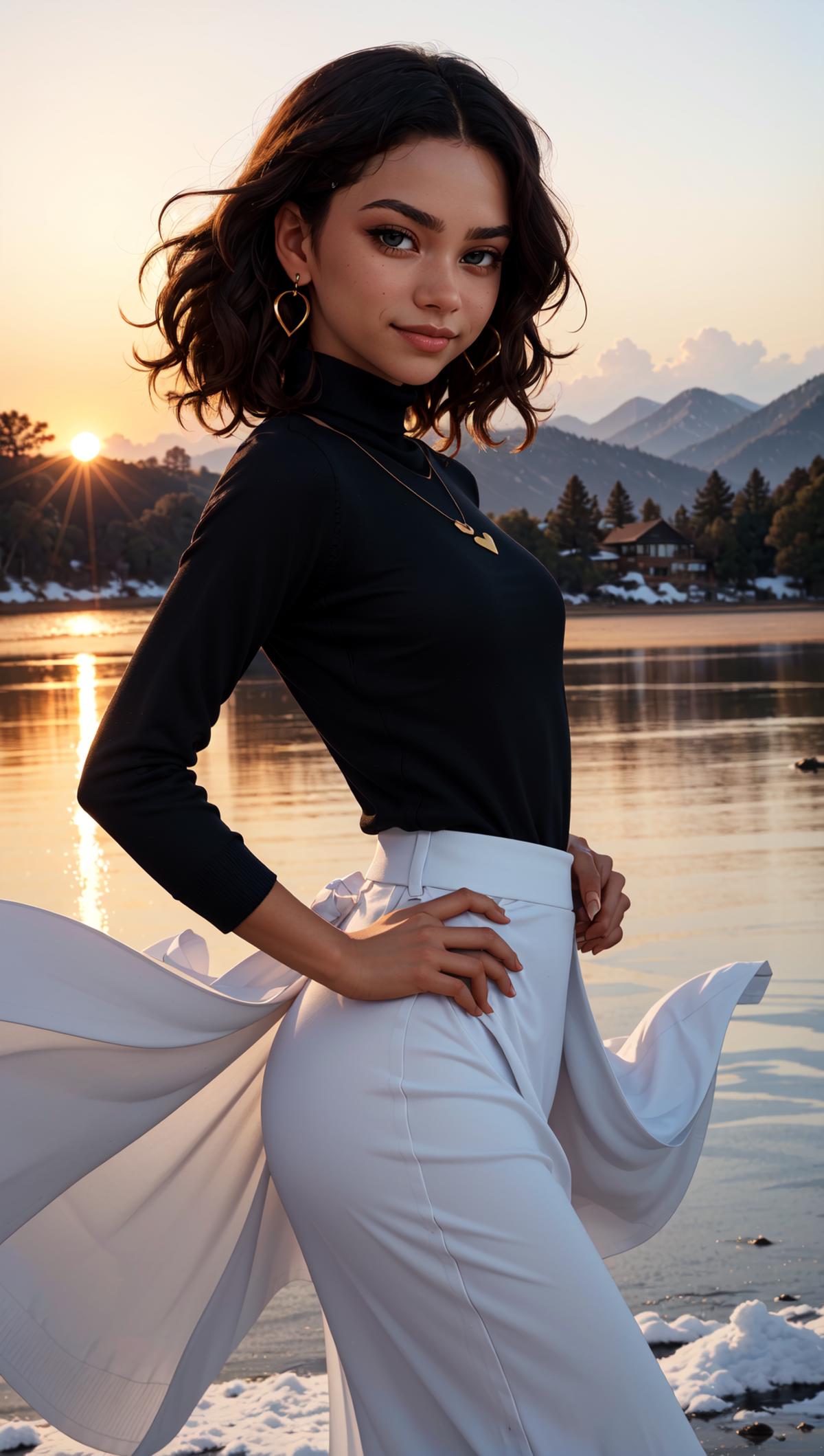 A woman posing by a lake in a black shirt and white pants.