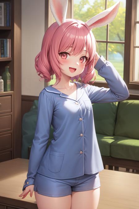 1girl, <lora:Elin_2D_and_3D_last-000018:1>, elin, pink hair, rabbit ears, indoors, :D, pajamas, shorts,