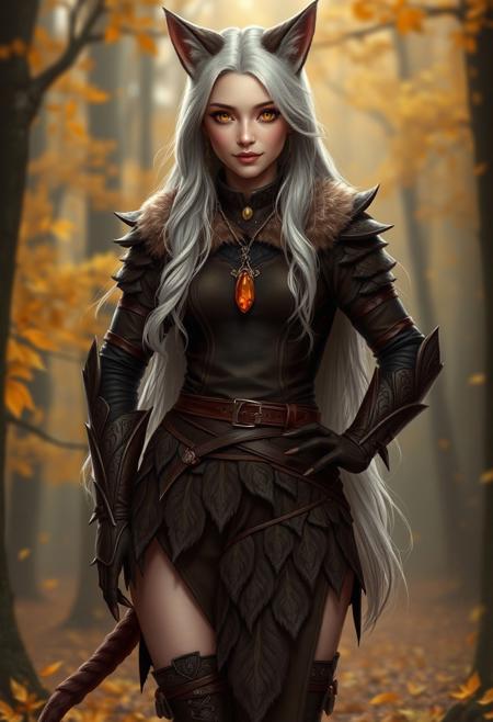 Hyper-realistic fantasy woman with feline features. Long, flowing silver-white hair with subtle waves. Sharp, golden eyes with vertical pupils. Pale skin with a soft sheen. Large, furry cat ears atop head, inner ear visible.
Wearing a nature-inspired armor ensemble: fitted leather bodice in dark brown, embossed with leaf patterns. High collar with fur trim. Asymmetrical skirt made of overlapping leather panels, resembling fall leaves. One leg fully covered, the other with strategic leather straps.
Arm guards of tooled leather extending from wrists to elbows, adorned with small amber gemstones. Fingerless gloves with claw-like extensions.
Knee-high boots of soft brown leather, laced up the front with decorative buckles.
Intricate golden necklace with a teardrop amber pendant. Multiple earrings along pointed ears.
Expression: confident and alert, slight smile.
Background: Misty autumn forest, golden leaves falling.
Pose: Standing in three-quarter view, one hand on hip, the other relaxed at side.
Style: Photorealistic digital painting, emphasizing texture of fur, leather, and skin. Soft, warm lighting enhancing the autumnal theme.
