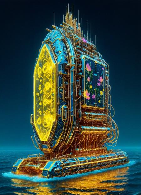 qu4ntum style, a rebellious (yellow quantum submersible) covered in glowing digital graffiti and sharp, angular modifications, featuring a hard-light projection mast and energy shields instead of brass fittings, cruising through a deep, brightly illuminated ocean of unstable quantum foam, its wake disturbing fields of holographic, data-emitting flowers rooted in crystalline quantum structures, strange energy signatures pulse in the background, style of Josan Gonzalez and Katsuhiro Otomo, neonpunk aesthetic, dynamic movement, outdoor underwater scene