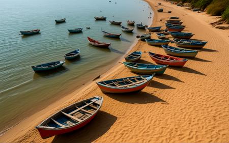 ,An autumn afternoon at a traditional fishing village in Phan Thiáº¿t, colorful wooden boats resting on the sand. The warm sunlight casts long shadows, illuminating vibrant fishing nets and local seafood drying in the sun, evoking a sense of cultural heritage,, sweeping landscapes, unique perspectives, epic scale, revealing hidden beauty, showcasing vastness, immersive experience, precise compositions, expert piloting, dynamic angles, cinematic storytelling, showcasing natural wonders, aerial exploration