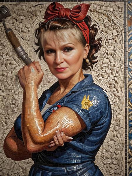 a portrait of Rosie the riveter, (worn Roman mosaic:1.42), found in Pompeii Hannibal saeda, hidden ritual, pixel art, highly detailed, artstation, wild brush strokes, dancer, concept art, artstation, dusk, dramatic lighting, light, sharp focus, illustration, official media