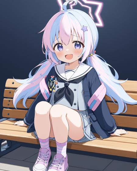 reisa \(blue archive\),1girl, solo, ahoge, sitting, striped_socks, star_hair_ornament, looking_at_viewer, blush, white_sailor_collar, backpack, crying_with_eyes_open, long_sleeves, open_mouth, star_\(symbol\), star_halo, serafuku, sneakers, smile, low_twintails, bench, black_neckerchief, full_body
<lora:reisa_(blue_archive)_image894_2023-11-28:1>halo. gorgeous,key visual, vibrant, studio anime,award-winning, professional, highly detailed,high budget, cinemascope