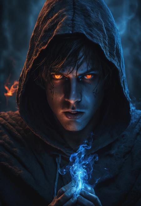 Dark Fantasy Concept Art. Close-up portrait. 23-year-old boy engulfed in dark power, wearing a hooded robe, bright blue eyes, intensely angry. Macro. High-contrast matte painting with intricate textures and deep color. Bright blue eyes gleaming against dark wisps of smoke and neon magical runes. Dark, rugged, stone-like shadows consuming the boy's body. Complementary colors of fiery orange and indigo, backlit by an eerie blue glow. Highly detailed, fantasy concept art, Unreal Engine 5 quality, Artstation trending style, 8k resolution, cinematic lighting, best quality, incredibly detailed, visually striking, surreal, immersive, extrmeley detailed supervillian