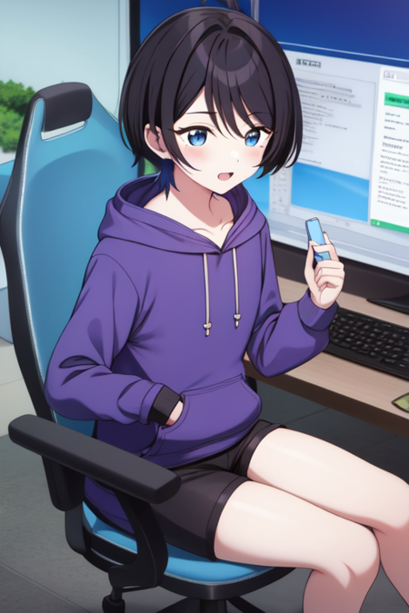 saegusayuu, purple hoodie, chair, collarbone, outdoors, monitor, blue hoodie, black shorts, shorts