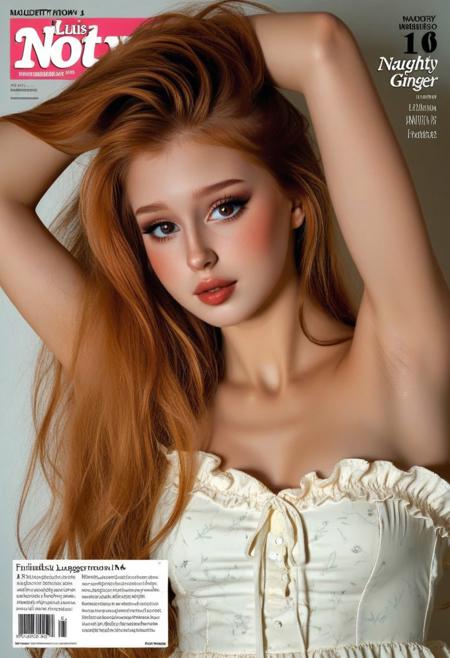 23yo busty beauty N1N4 on magazine frontpage, wearing <frilled dress, offshoulder>