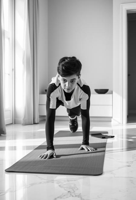 8K hyperrealistisch. Teenage boy in designer sportswear performing plank on luxurious yoga mat, inside a minimalist bedroom with marble flooring, natural soft lighting, black-and-white photo, premium aesthetic.