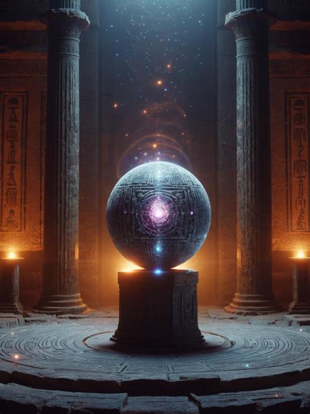 A mysterious  ais-particlez crystal orb on a pedestal in an ancient temple, emitting ais-particlez that illuminate the hieroglyphs on the walls. <lora:Particles_Style_SDXL:1>