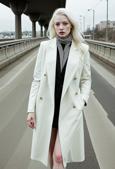 close up analogue photo of a beautiful 25 years (((albino woman:1.5))) with white hair (((pale skin:1.5))), white hair, <lora:Lumiya_SDXL:0.6>, A woman in a tailored long houndstooth coat, silk scarf, and kitten heels walks beneath a freeway overpass, the sodium vapor lights casting hard shadows, city rumble and silence sharing the frame.