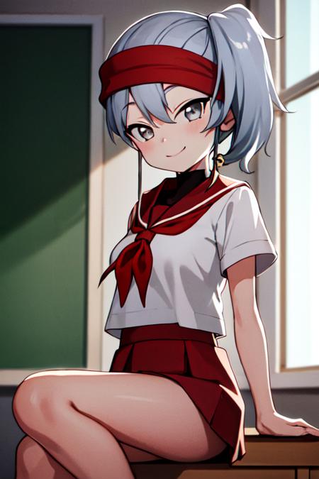 masterpiece, best quality, <lora:kunoichi_uikyou:0.7> 1girl, solo, grey eyes, grey hair, ponytail, red headband, single jingle bell, light smile, white serafuku, sailor collar, red neckerchief, short sleeves, indoors, classroom,