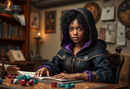 A beautiful young black woman sitting at a desk, playing D&D as a Dungeon Master. The composition should show from the top of her head to the mid of her bust. She has black curly hair and bright brown eyes, wearing stunning high fantasy robes with a black and purple hood adorned with gold trim. The background should suggest a cozy, imaginative gaming environment, filled with dice, character sheets, and fantasy elements, enhancing the sense of adventure and creativity.