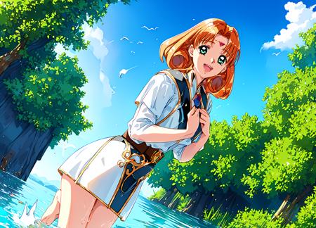 <lora:natasha:0.8>,natasha,1girl,masterpiece,best quality,super fine illustration,half of the screen depicts scenery,blue sky,beautiful water surface,splashing,;d,knees_together_feet_apart,standing in the water,wet wet,