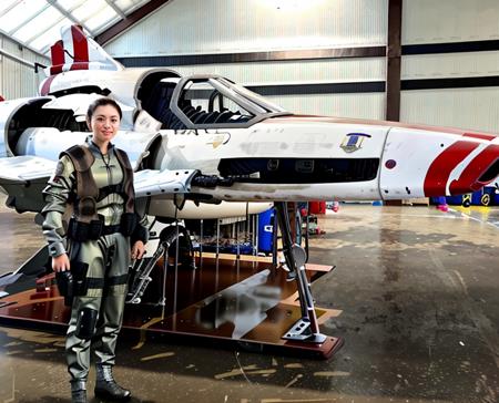 a woman in a vipersuit military uniform standing in front of (colonialvpr fighter jet:1.2) <lora:Viperpilotsuitv07:1>,in hangar,RAW photo, 8k uhd, dslr, soft lighting, high quality, film grain, Fujifilm XT3