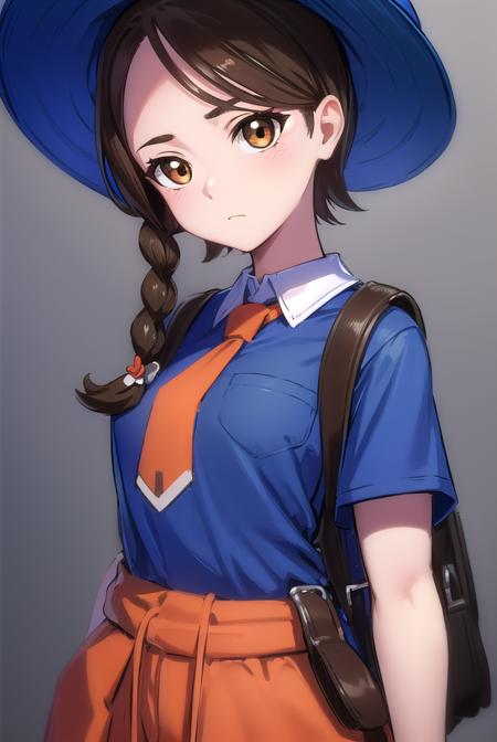 pokemonjuliana, <lora:pokemonjuliana-lora-nochekaiser:1>,
pokemonjuliana, braid, (brown eyes:1.5), brown hair, hair ornament, hairclip, side braid, single braid, swept bangs,
BREAK backpack, bag, black footwear, blue headwear, blue shirt, breast pocket, collared shirt, hat, kneehighs, naranja academy school uniform, necktie, orange necktie, orange shorts, pocket, school uniform, shirt, shoes, short sleeves, shorts, socks, striped, striped shorts, sun hat, white socks
BREAK looking at viewer, full body, (cowboy shot:1.5),
BREAK outdoors,,
BREAK <lyco:GoodHands-beta2:1>, (masterpiece:1.2), best quality, high resolution, unity 8k wallpaper, (illustration:0.8), (beautiful detailed eyes:1.6), extremely detailed face, perfect lighting, extremely detailed CG, (perfect hands, perfect anatomy),