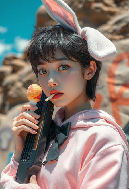 DSLR-style, slender, elegant 26-year-old Korean model, translucent pale skin with natural texture, soft shadow on cheek, diffused daylight from side, parted lips, clean background, solo, masterpiece, ultra high-res  
<lora:NOOB_vp1_detailer_by_volnovik_v1:1>
barely visible pores, subtle skin texture variation, translucent skin tone
score_9, score_8_up, score_7_up, score_6_up, score_5_up, masterpiece, very aesthetic, absurdres, blurry, chromatic aberration, detailed face, highly detailed, detailed background, (sharp lineart:1.4), (anime coloring:1.2), <lora:spo_sdxl_10ep_4k-data_lora_webui:0.6>, <lora:jun:0.58>, <lora:4df:0.44>, <lora:Bongfill-guy90-IllustriousV1:0.55>,<lora:hirune_style:0.66>, 4df, hirune style, lifnob, jun, 1girl, short girl, solo, short hair, spiky hair, white streaked hair, dark hair, emerald green eyes, plump lips, small breast, small waist, large thighs, scar on left eye, sweat, pink bunny suit, pink bunny ears, black bow tie, chain, holding a rifle, ice cream in mouth, looking at viewer, rocks, graffiti, background, sunny day, blue sky, cloud,