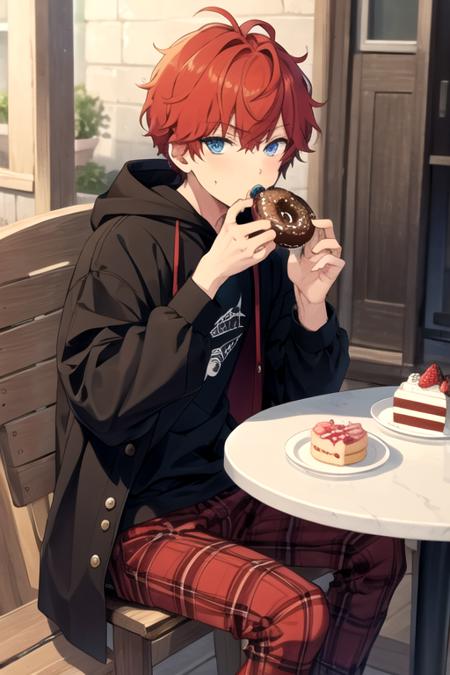 <lora:HiiroAmagi-01:0.7>,hiiro, solo, looking at viewer, short hair, blue eyes, shirt, 1boy, sitting, jacket, male focus, red hair, food, shoes, pants, hood, black footwear, cup, black jacket, plaid, hoodie, fruit, mouth hold, hood down, candy, gift, cake, strawberry, fork, candle, food in mouth, black hoodie, doughnut, cookie, red pants, cake slice, cupcake, plaid pants