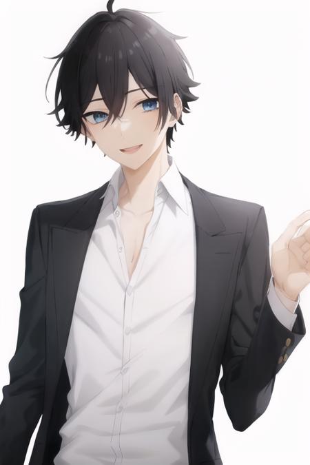 <lora:MiyamuraIzumi_LoRA-10:0.6>,1boy,black hair,male focus,solo,hair between eyes,blue eyes,(white shirt),upper body,white background,big_smile,open shirt,