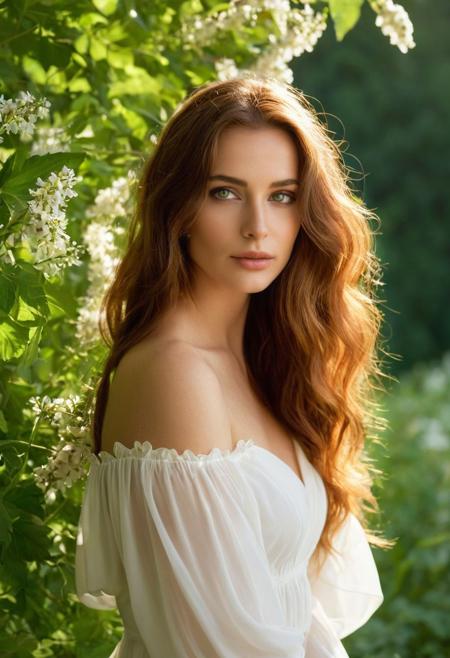 Create a sensual and evocative portrait of a beautiful woman. She has long, flowing chestnut hair that cascades over her shoulders, framing her delicate face with striking green eyes that hold a hint of mystery. The woman is wearing a soft, off-the-shoulder white dress that gently hugs her curves, made of sheer fabric that subtly reveals her silhouette. 
Set the scene in a sunlit garden filled with blooming wildflowers and lush greenery, with dappled sunlight filtering through the leaves, creating a dreamy atmosphere. There are delicate butterflies fluttering around her, adding to the enchanting vibe. Capture the softness of her expression, as she gazes thoughtfully into the distance, evoking a sense of longing and tranquility. The overall composition should exude warmth, intimacy, and a touch of whimsy.