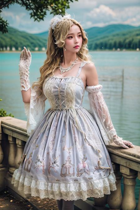 FZGQQ,grey dress,jewelry,detached sleeves,hair ornament,necklace,white gloves,lace,white pantyhose,lace trim,lace-trimmed dress,lace gloves FZGQQ,green dress,jewelry,detached sleeves,hair ornament,necklace,white gloves,lace,white pantyhose,lace trim,lace-trimmed dress,lace gloves