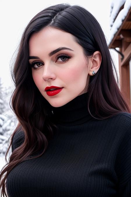 photo of a woman, tabootie:0.99,((beautiful black hair, short hair):1.2) ((turtleneck sweater):1.2), (smug, horny), ((closeup, portrait):1.2),((outdoors, snow):1.2),((red lipstick,heavy eyeliner, heavy eye shadow, blush):1.2), ((best quality, masterpiece, extreme details, high resolution):1.2),((detailed eyes, beautiful eyes, detailed face, beautiful face):1.2)