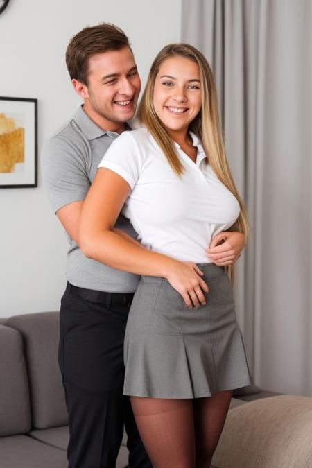 realistic, 8k, score_9, score_8_up, score_7_up,  high quality, good skin, high skin texture,
hetero, living room, perfect finger, perfect arms,
(elder man in pants and poloshirt and grey hair, breast grab, grabbing from behind, groping)
(young woman 18yo old, blonde hair and smiling with pantyhose, latex skirt, blonde french braids, lifted shift, flashing breast, )  ,bad-picture-chill-75v