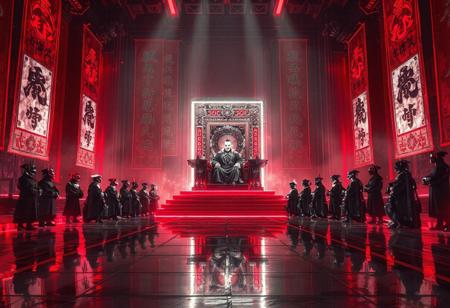 Sketch of TONTON REVOLVER - ArtStation. A line of powerful envoys, augmented nobles, and masked corporate lords kneel in silence before the towering Cyber Shogun seated on his glowing throne.
The throne room pulses with deep red and cold white neon, casting long shadows over the polished obsidian floor.
AI-controlled banners ripple with animated imperial glyphs.
The Shogun, emotionless and supreme, watches from above — flanked by twin sentry drones and armored retainers.
The atmosphere is ceremonial, terrifying, elegant: cyberpunk feudalism meets hypermodern statecraft.
Ultra-detailed, cinematic lighting, high-tech royalty, cyberpunk Japan, intense contrast, sharp reflections, futuristic luxury, 8K realism.