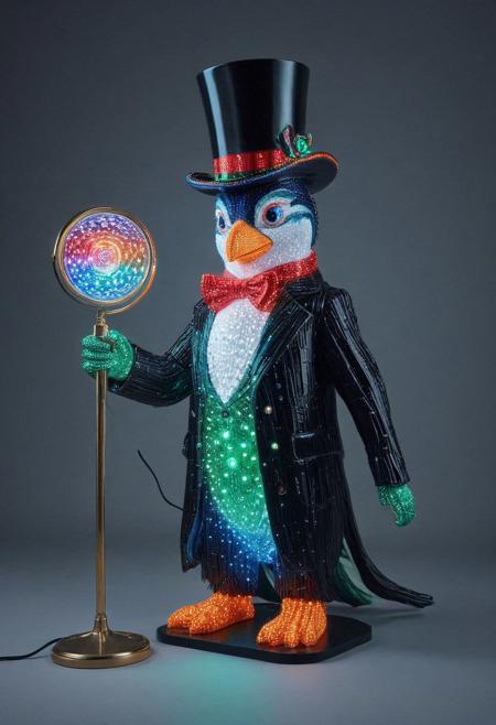 embedding:lazmpos, LED, colorful LED lights, RGB lights, red green and blue penguin, art deco, top hat, cane, monocle,RetroBG