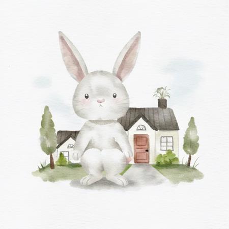 <lora:Simple Watercolor-000008:1>,Simple Watercolor,A rabbit with big ears,standing in front of a house,with a white background.