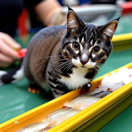 ((Beste Qualität)), ((Meisterwerk)), (Detailliert) Katze läuft weg auf Hinterpfoten, Katze hält einen Fisch in der Vorderpfoten, ein Chinese mit einem Messer verfolgt die Katze, Fischmarkt