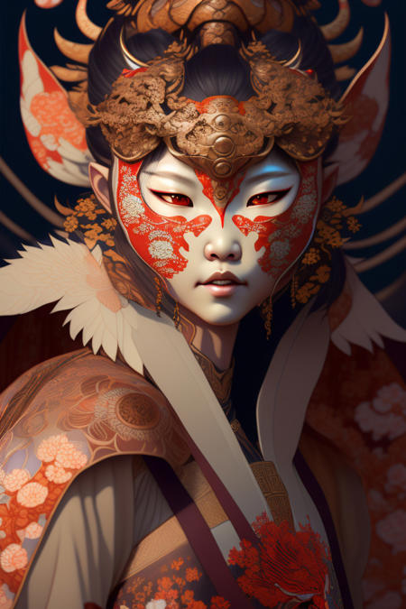 a photorealistic dramatic fantasy render of a beautiful woman wearing a beautiful intricately detailed japanese komainu kitsune mask and clasical japanese kimono by wlop, artgerm, greg rutkowski,