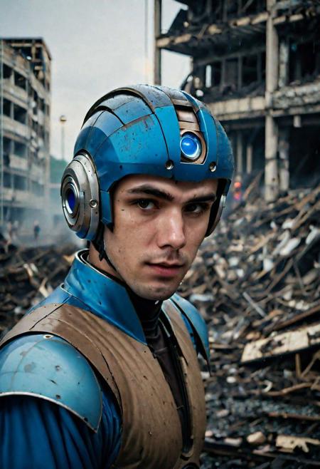 Portrait Photo of a megaman who is standing looking at how his city has been destroyed by a nuclear bomb. He has just arrived at the disaster and observes the horror of the destruction, ruined buildings full of smoke and flames, ground full of rubble with skeletons lying around In the dawn light floods the scene, the man is completely dressed in normal clothes and wet, he is dirty, everything is a disaster, the sky is cloudy and it is raining,(beautiful face:1.6), Fujifilm XT3,film still,film grain,cinematic,soldier accessories,war style, professional photo,best quality and best aesthetic,Award-winning artistic photos,Outdoors,public places,( detailed in background:1.6)Perfil,18-20 (dirty:1.8)