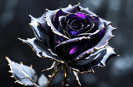 A breathtaking, hyper-detailed single black rose, its petals crafted from razor-thin obsidian glass, shimmering with deep violet reflections. Tiny cracks along the edges glow faintly with molten gold, as if the flower holds a living, fiery core. Delicate veins of liquid silver course through the glass petals, giving them an almost organic, breathing appearance. The stem is made of twisted wrought iron, adorned with glistening, crystalline thorns. A soft mist surrounds the flower, catching light in an ethereal, dreamlike manner. Dark fantasy, macro photography style, ultra-HD.