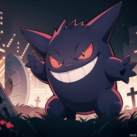 centered, award winning photo, (looking at viewer:1.2), | evil grin, Gengar_Pokemon,  no humans, pokemon \(creature\), smile, dynamic pose, | graveyard, dark theme,  | bokeh, depth of field, cinematic composition, | <lora:Gengar_Pokemon_Anime:0.6>