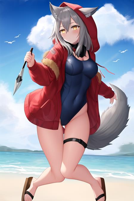 masterpiece, best quality, highres, 1girl, solo, {projekt_red_arknights:1.10}, animal_ears, wolf_ears, grey_hair, hair_between_eyes, fur_trim, wolf_girl, yellow_eyes, bangs, long_hair, holding, black_one-piece_swimsuit, day, ears_through_headwear, hood, hood_up, hooded_jacket, jacket, long_sleeves, official_alternate_costume, one-piece_swimsuit, open_clothes, open_jacket, outdoors, red_jacket, sky, swimsuit, blue_sky, wolf_tail, breasts, casual_one-piece_swimsuit, closed_mouth, cloud, looking_at_viewer, ocean, tail, water, beach, full_body, medium_breasts, sandals, thigh_strap