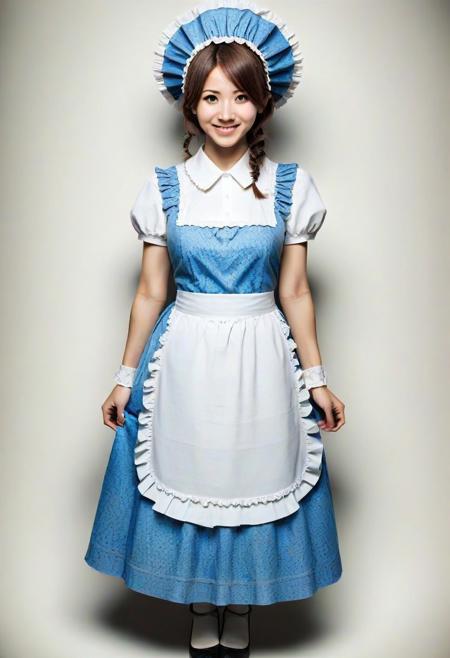 masterpiece, very aesthetic, absurdres, newest, 1girl, cowboy shot, maid, mad-shingles dress, long dress, white apron, maid headdress, holding skirt, smile