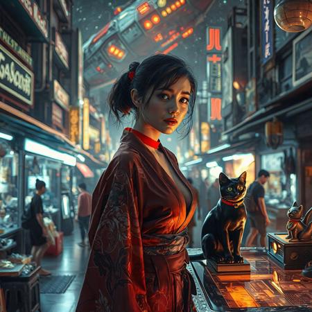 Setting is a futuristic cyberpunk street market at night, the market is comprised of street vendors selling robot parts, food, weapons, and robots. People wearing futuristic cyberpunk clothing are walking through the street market shopping and eating, A sleek black cat with red collar sits on a cluttered metal riveted desk with transparent top and micro-LED lighted computer components visible inside, On the desk is an ebony and gold maneki neko statue and futuristic art deco lighting, (((a beautiful woman, 24 years old, is standing in the foreground FACING THE VIEWER, she has an expression of interested curiosity)))))), the sleek black cat with red collar is sitting on the desk and watching the people walking by in the busy street market, the woman is dressed in futuristic cyberpunk Japanese style yukata with a plunging neck line alluring but Japanese classic aesthetic. An enormous art deco inspired starship with futuristic lighting and an enormous space station are visible in the background among the stars, The woman's hair is elegantly tied up with a ribbon. Artistic cyberpunk, dynamic perspective, (((overall architectural aesthetic is Art Deco Cyberpunk))).  Epic image that elicits a feeling of wonder and awe, HIGHLY STYLIZED FUTURISTIC LIGHTING AND ARCHITECTURE,