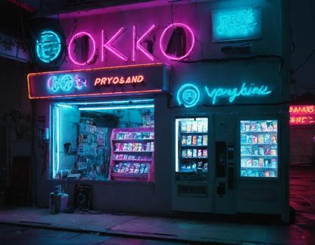 <lora:r0k00g00th:1>,r0k00g00th,r0kur3&l1tyHD. cyberpunk art,, a store with neon lights and a lot of vending machines in it's front window and a neon sign above the vending machine [3]