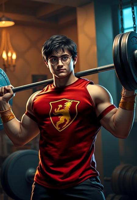 A buff Harry Potter wearing a gym shirt with the Gryffindor symbol, lifitng a barbell in a fantasy gym environment.